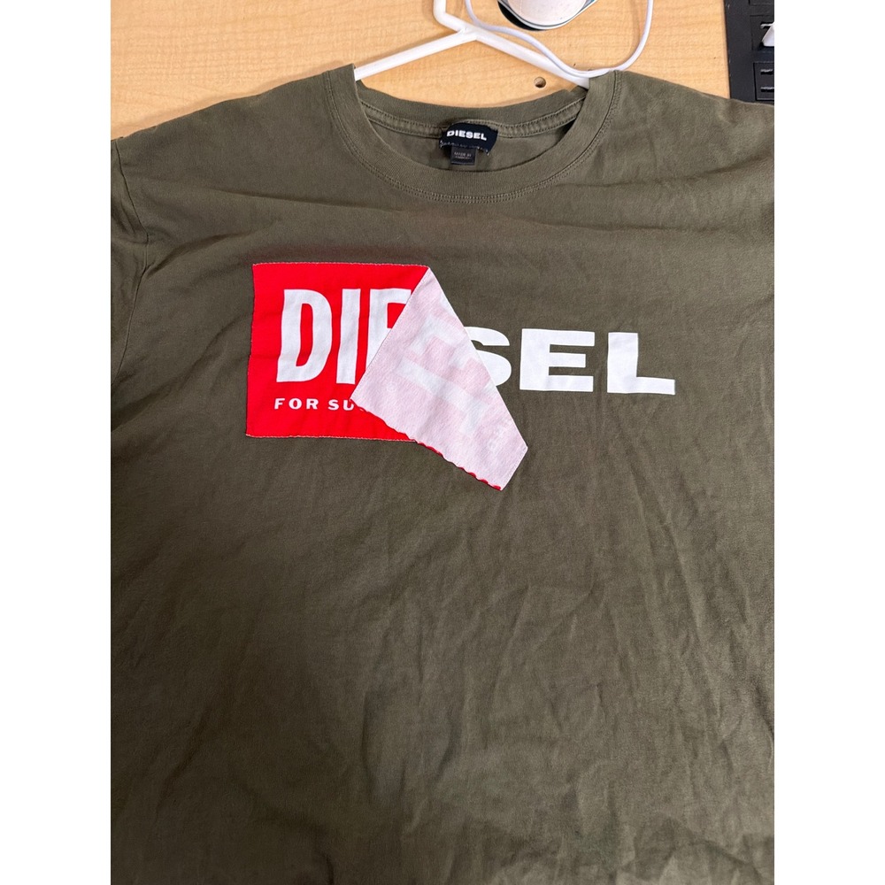 Diesel Mens XXL Olive Green Peeled Logo Graphic T-Shirt Short Sleeve Crew Neck